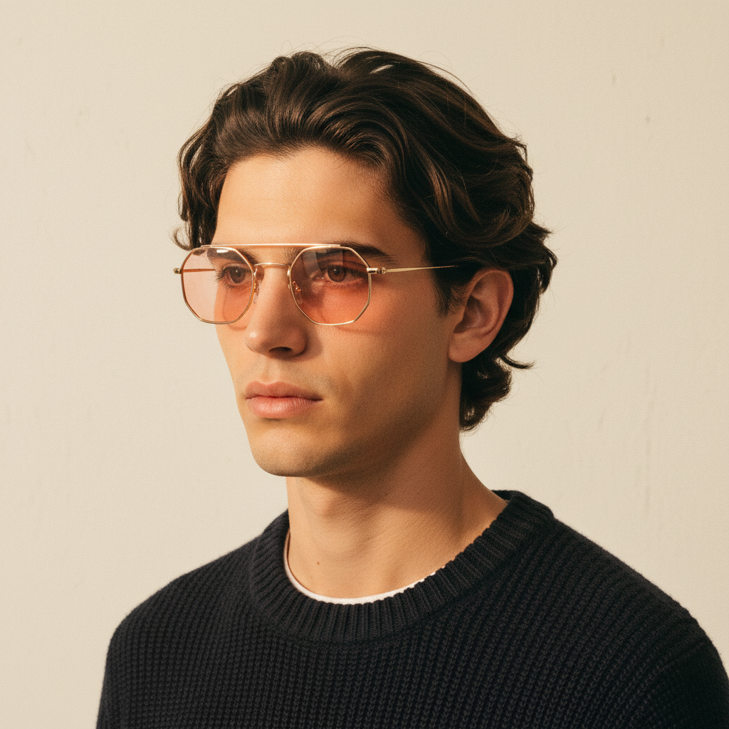 Man wearing Mokki sunglasses with orange lenses and a dark sweater against a beige background