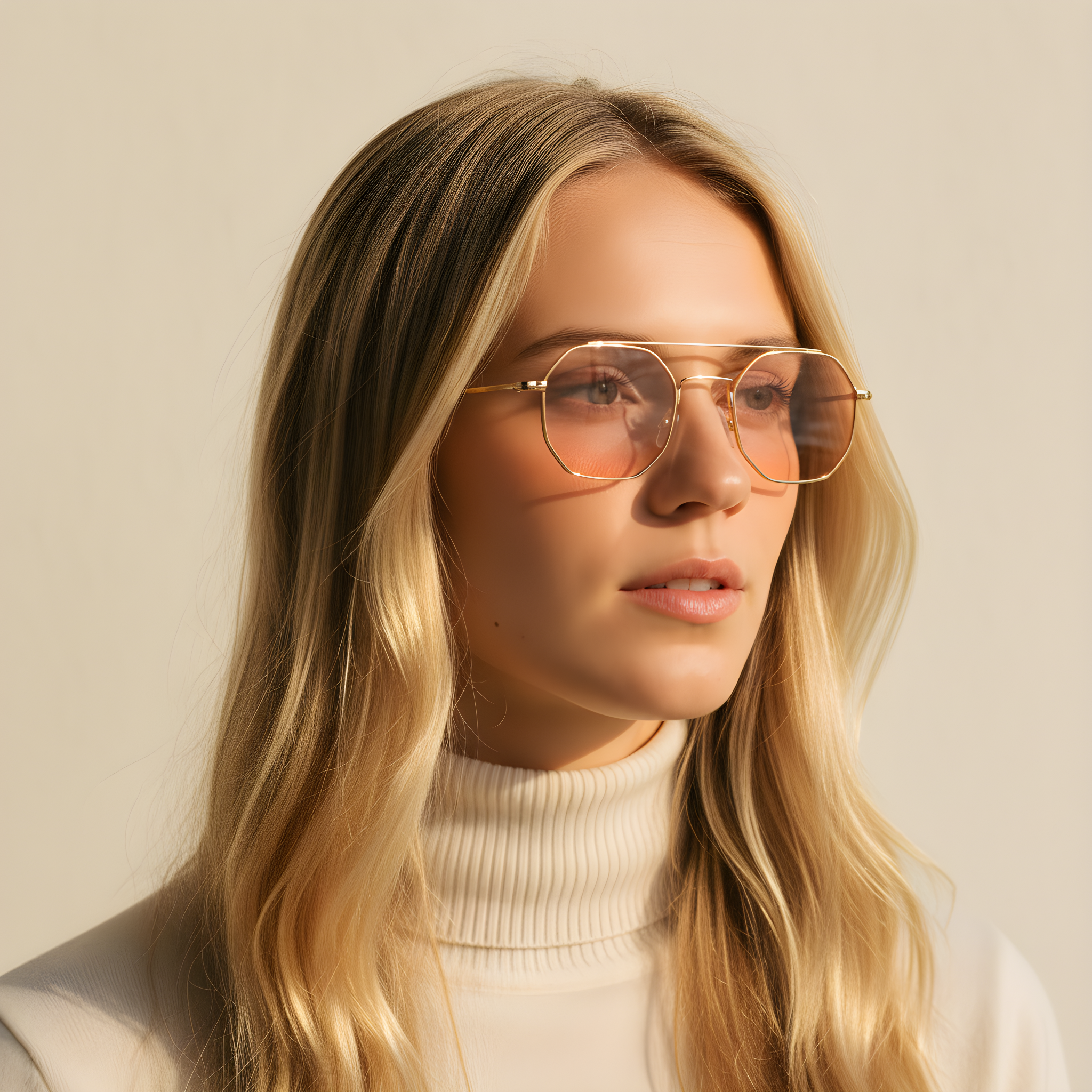 Woman wearing 18k gold-framed Mokki sunglasses with a neutral background