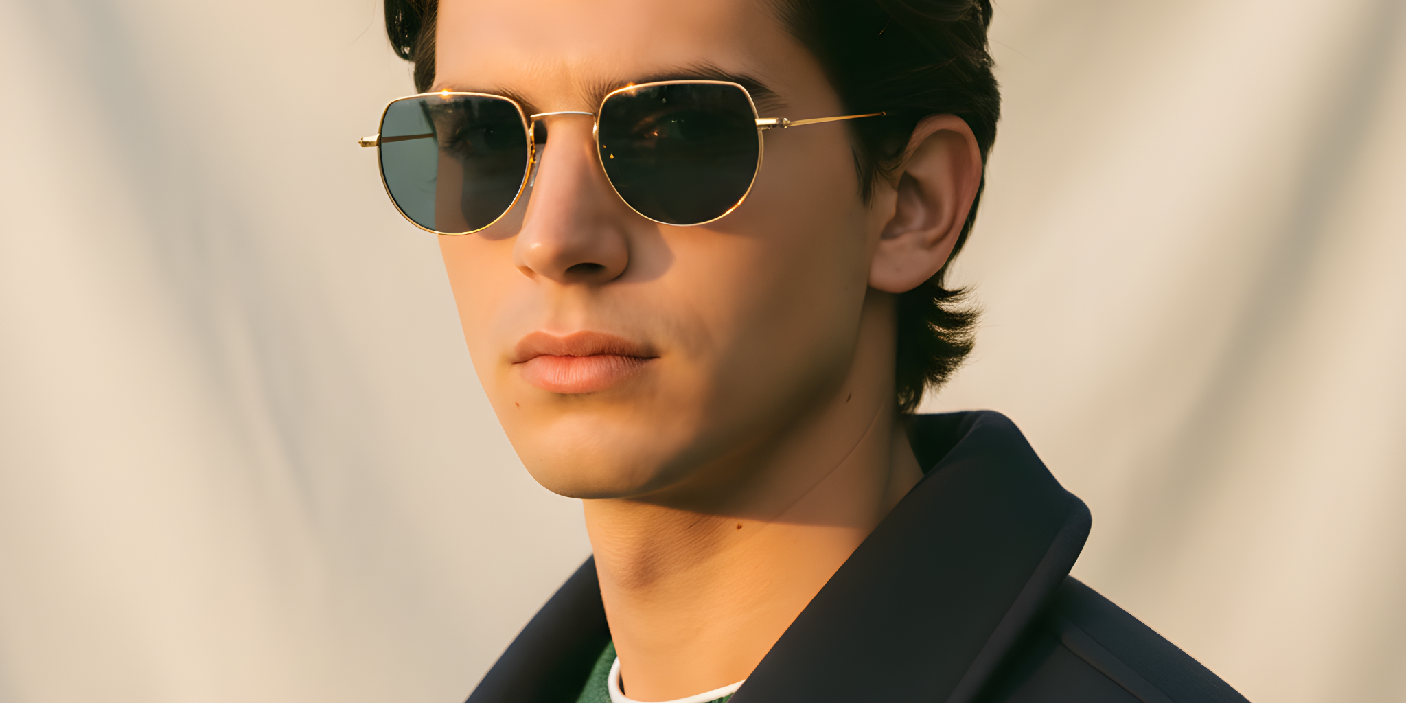 Man wearing Mokki sunglasses and a dark coat against a neutral background