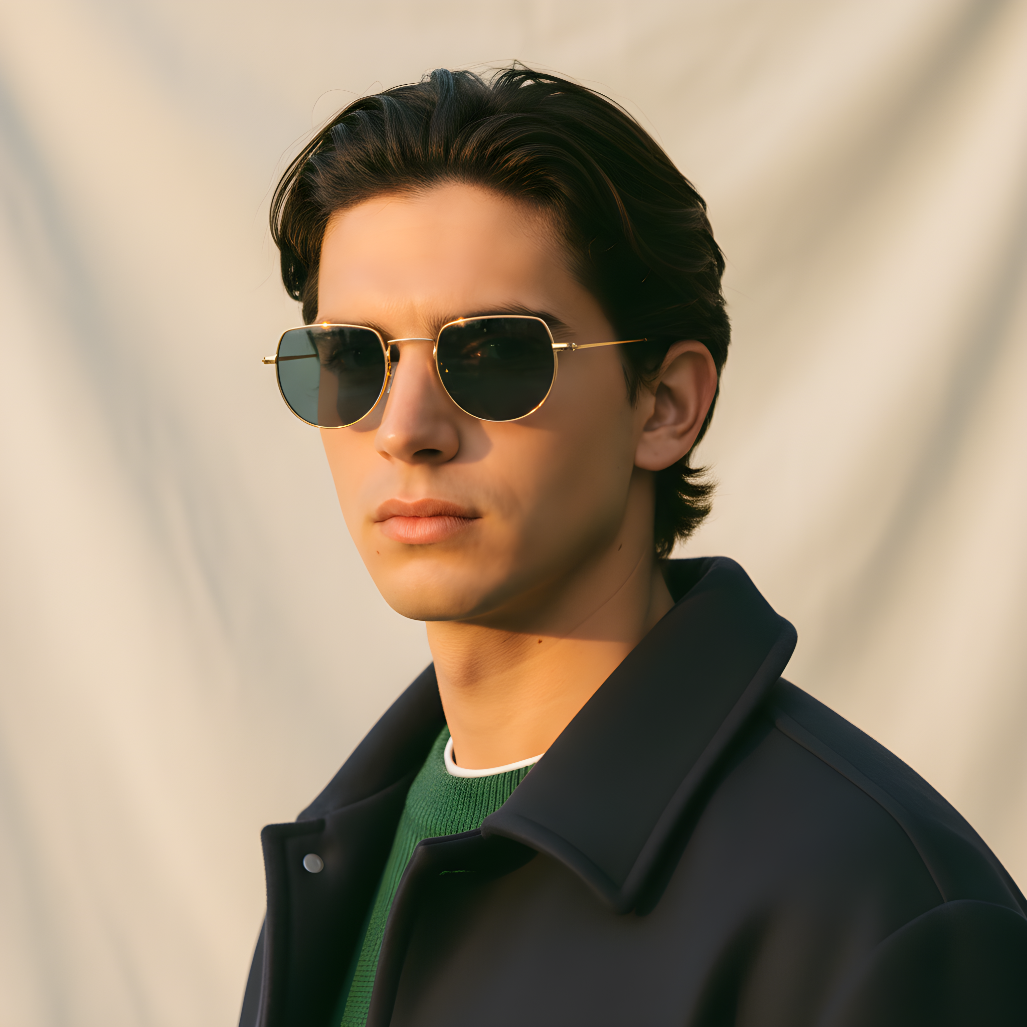 Man wearing Mokki sunglasses and a dark coat against a neutral background