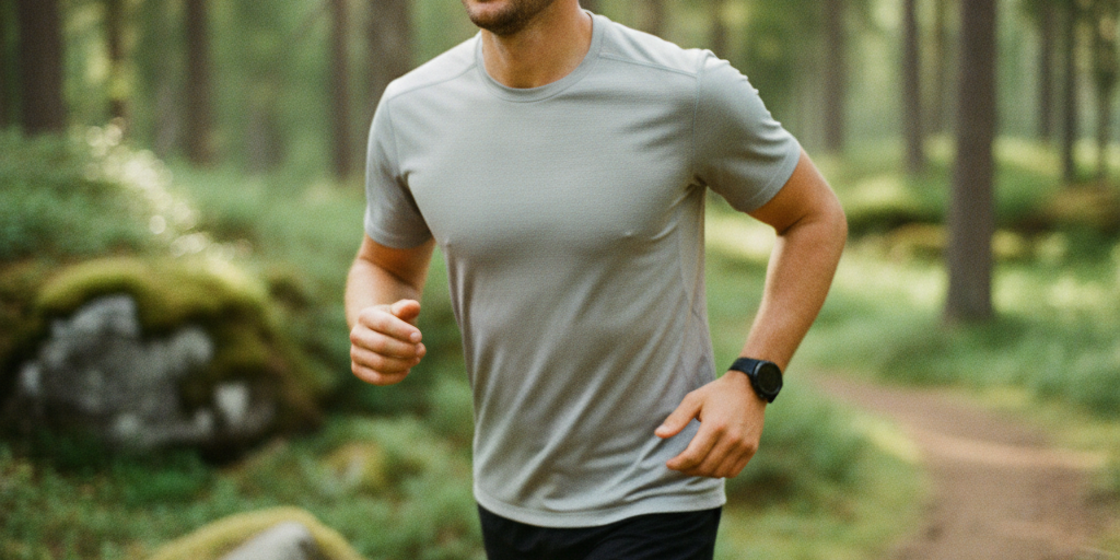 Man running on a path in a forest wearing Mokki Sport sunglasses and athletic clothing.