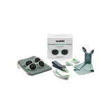 Mokki children's Click & Change sunglasses set with case, cleaning cloth, and box on a white background