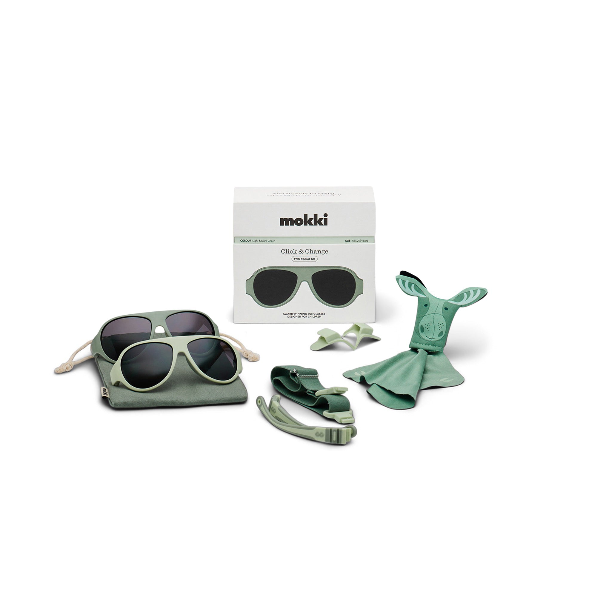 Set of green Click & Change sunglasses with accessories and packaging on a white background