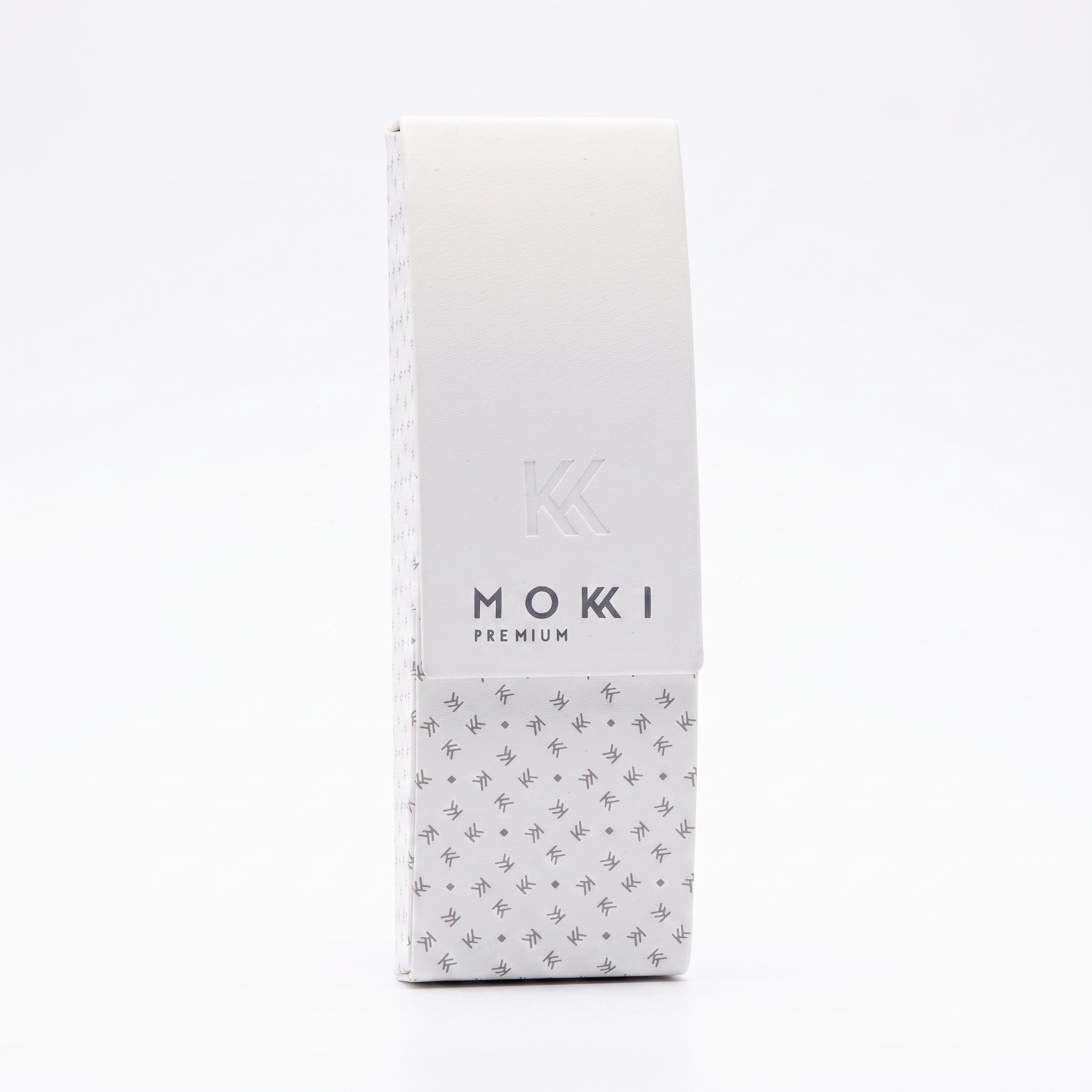 A tall, narrow white rectangular hard case for Mokki Reading glasses,  set against a plain white background.