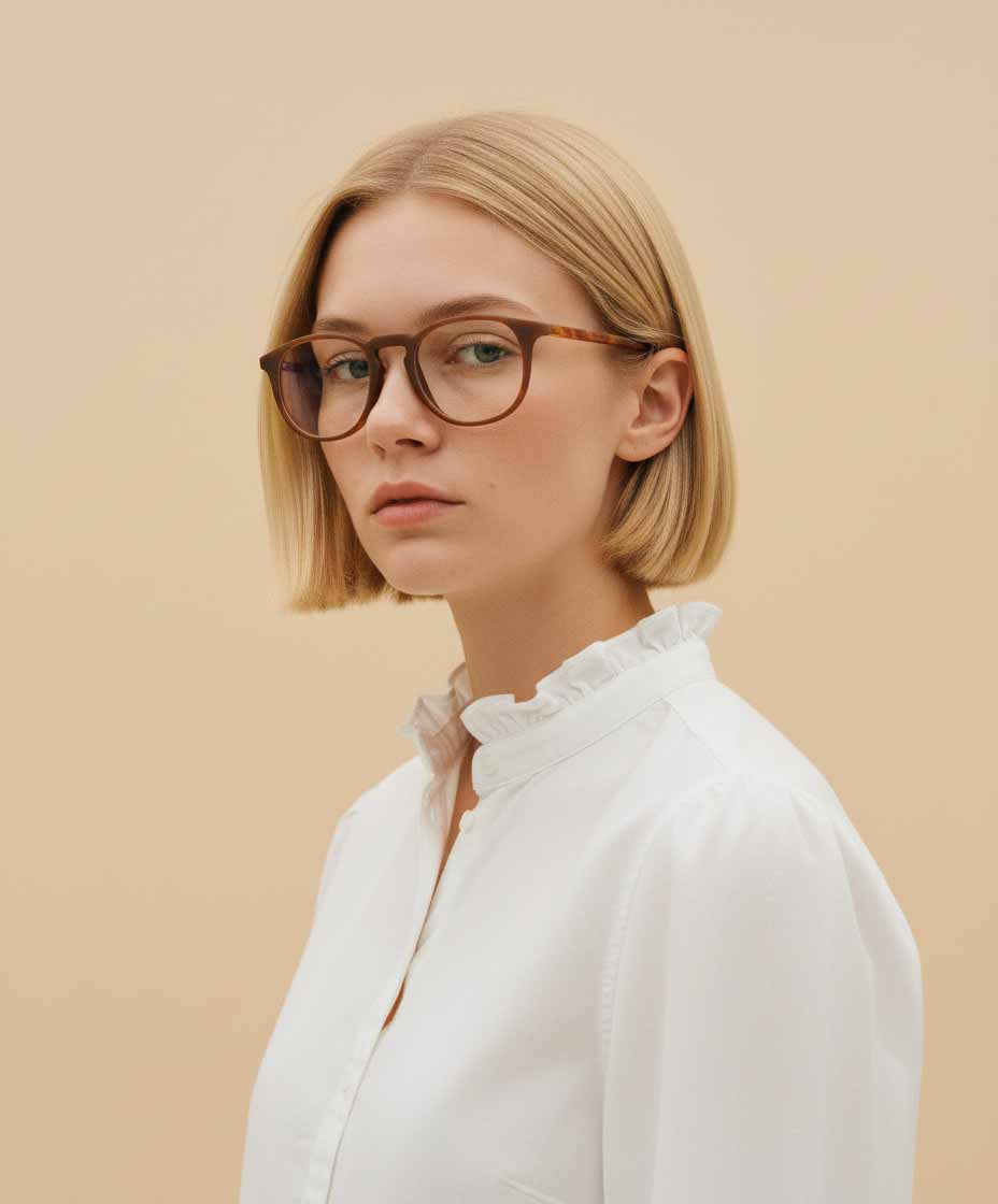 Woman wearing Mokki reading glasses and a white shirt against a beige background