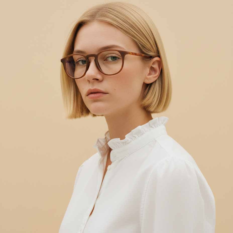 Woman wearing Mokki reading glasses and a white shirt against a beige background