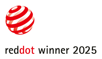 Red Dot Award logo with 'winner 2025' text, for best sunglasses design