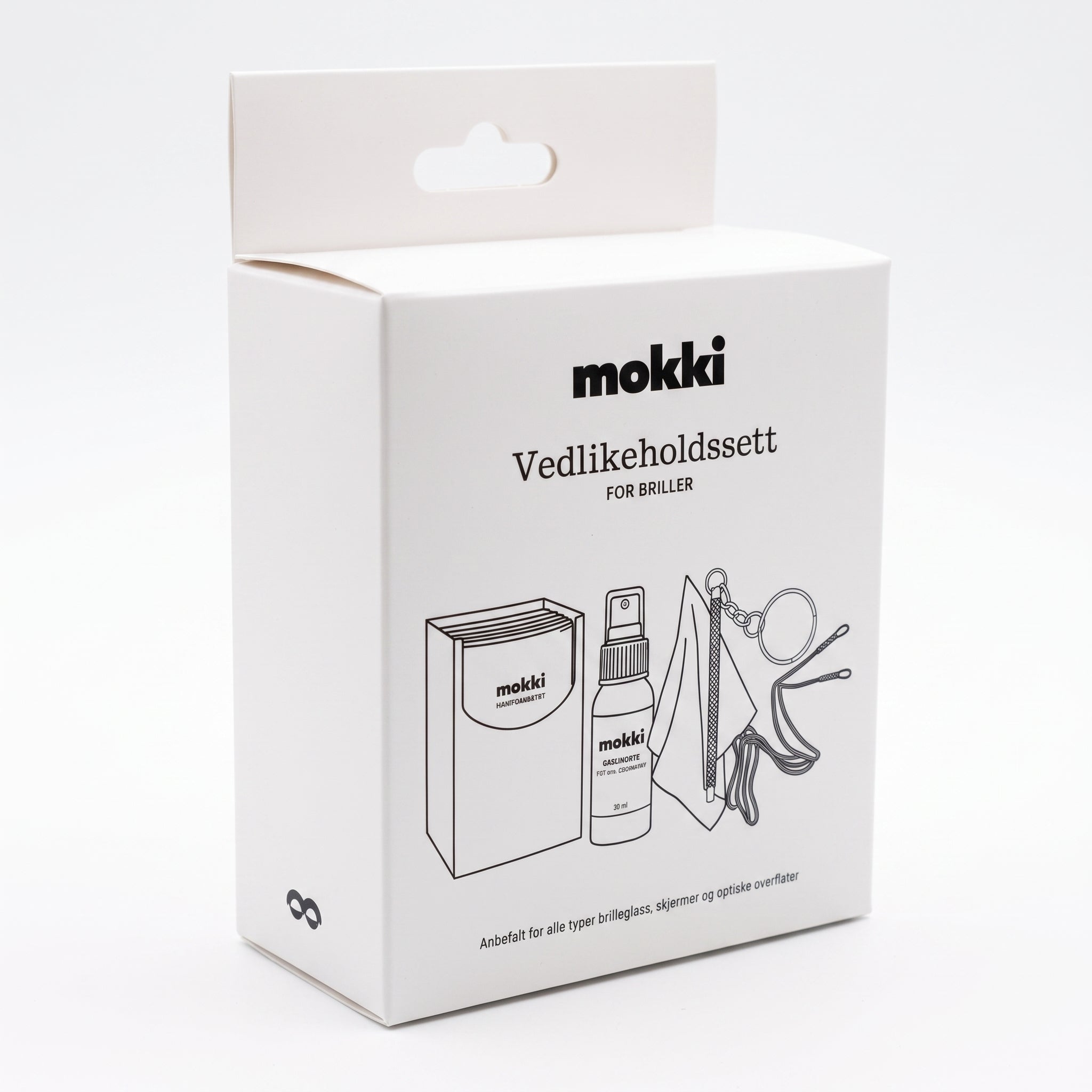 Mokki 'Repair kit' (Eyewear Maintenance Set) retail packaging box, shown on a clean white background.
