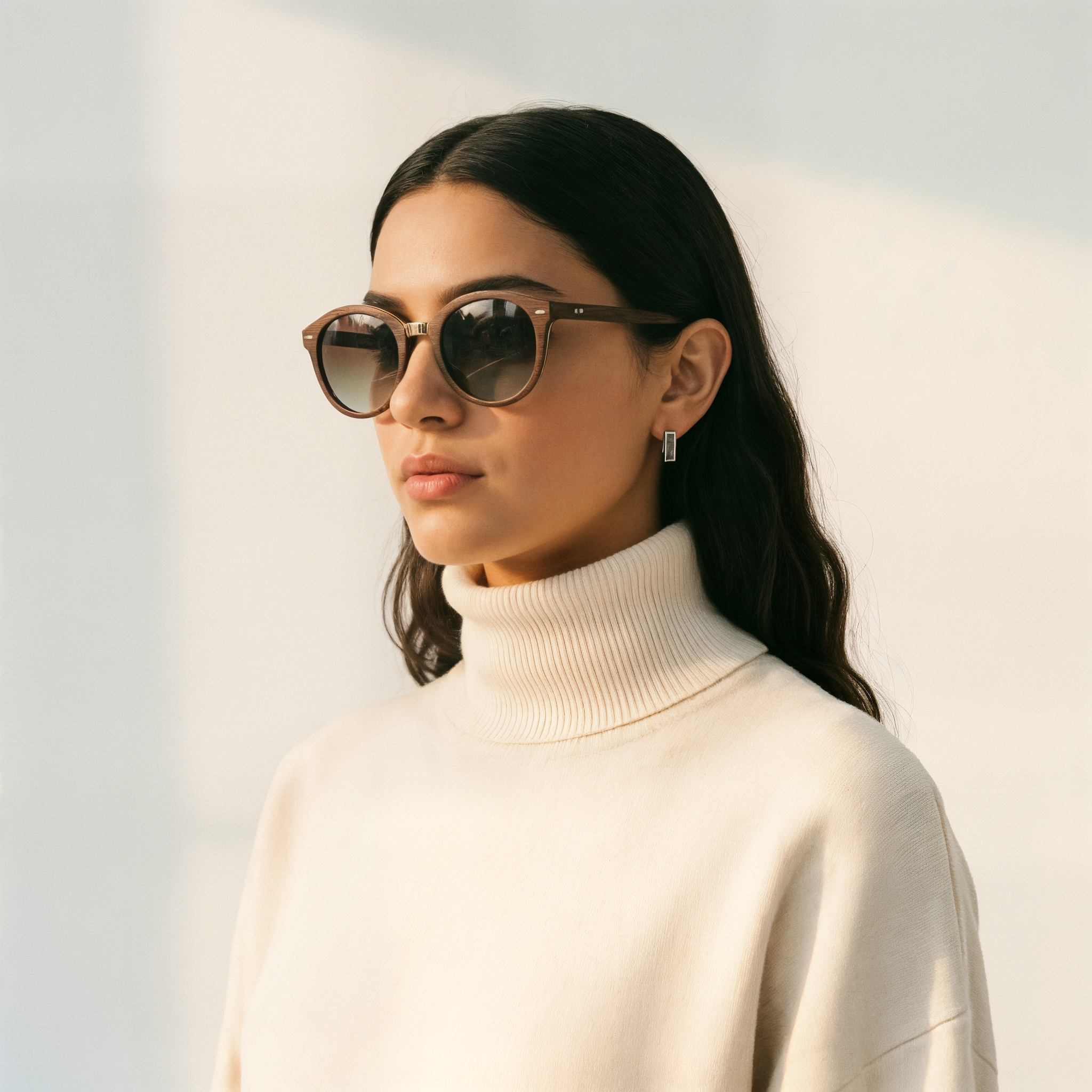 Woman wearing Mokki sunglasses in real wood