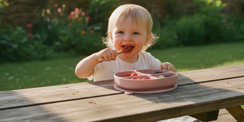 Child eating at a wooden picnic table outdoors with greenery in the background
