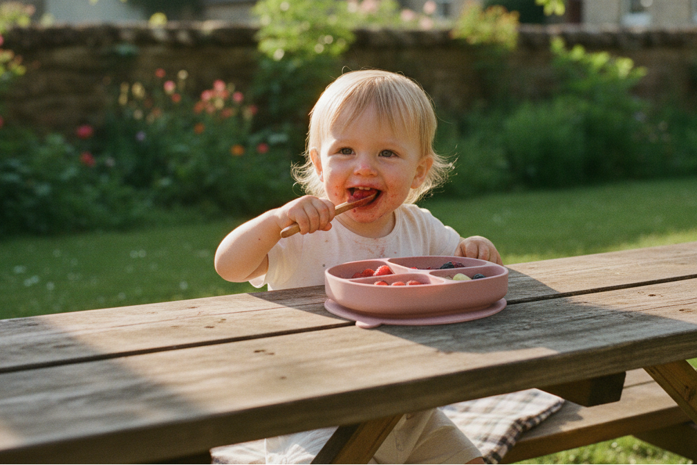 Child eating at a wooden picnic table outdoors with greenery in the background