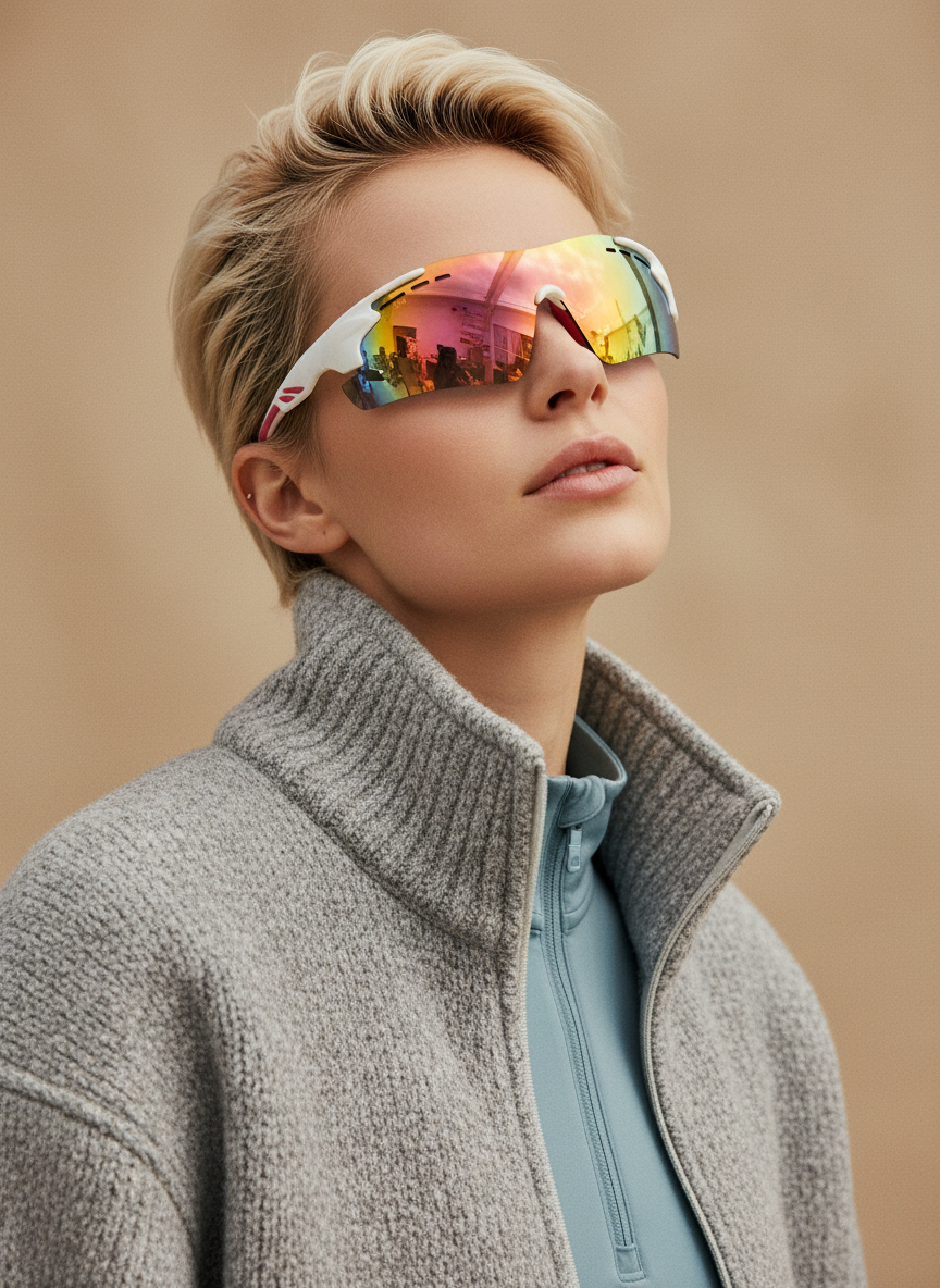 Kvinne med Mokki Sporty Revo Lens-solbriller i hvitt