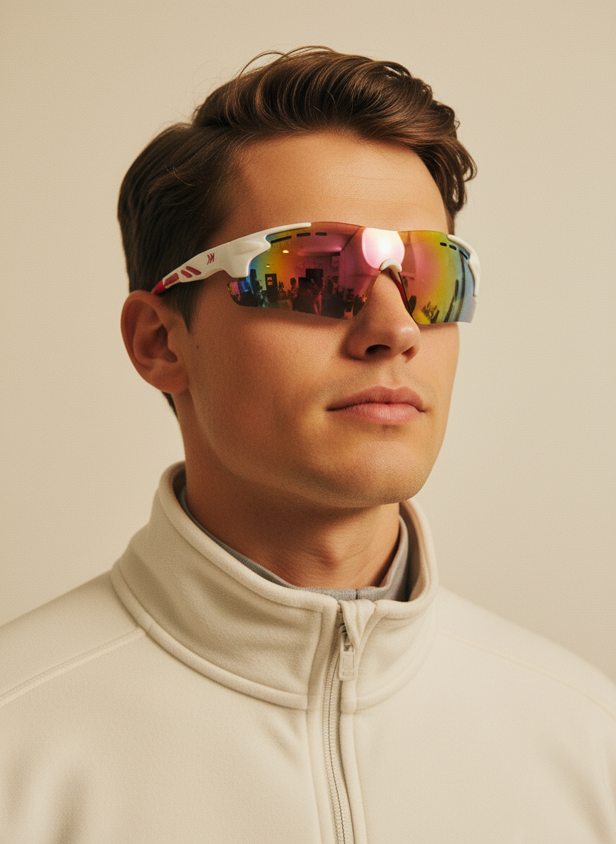 Man wearing sporty sunglasses from Mokki a light white jacket against a neutral background