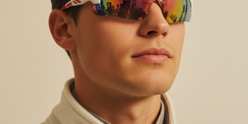 Man wearing sporty sunglasses from Mokki a light white jacket against a neutral background