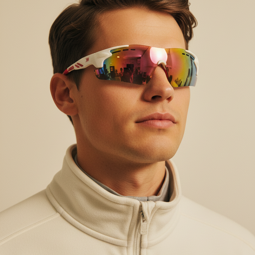 Man wearing sporty sunglasses from Mokki a light white jacket against a neutral background