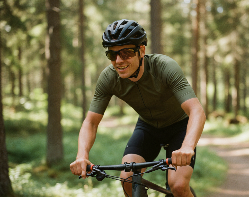 Man riding a bicycle on a forest path