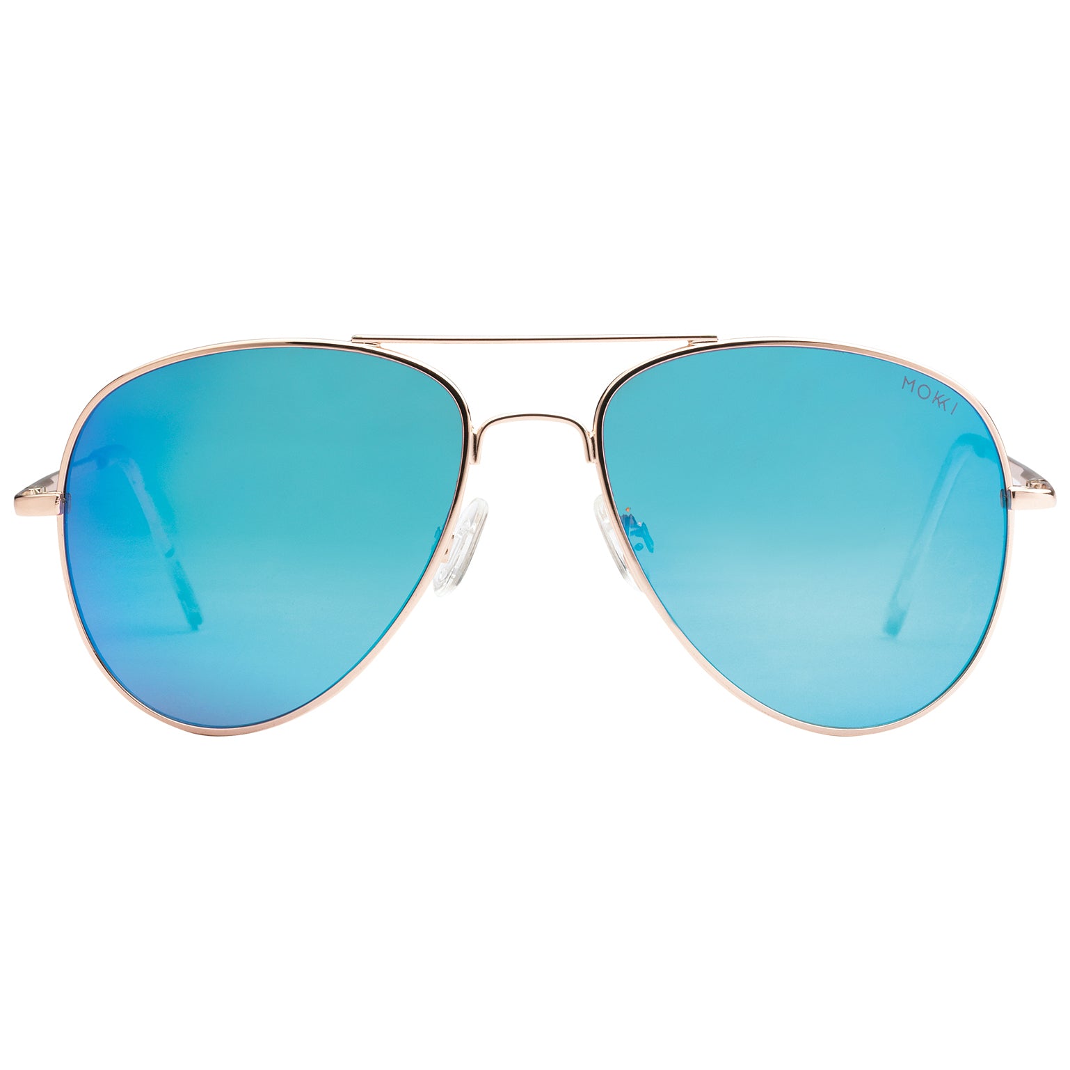 A pair of blue-tinted aviator sunglasses with a stainless steel frame.