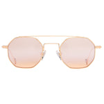 A pair of 18k gold-plated octagon-shaped sunglasses with orange, yellow, and purple lenses.