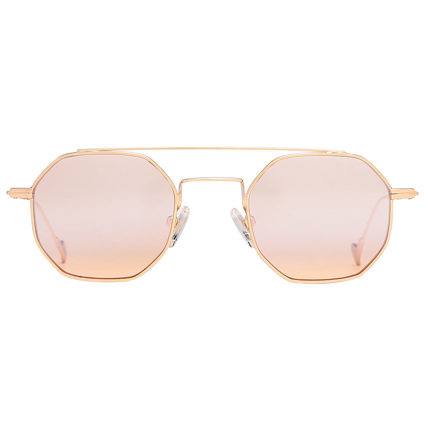 A pair of 18k gold-plated octagon-shaped sunglasses with orange, yellow, and purple lenses.