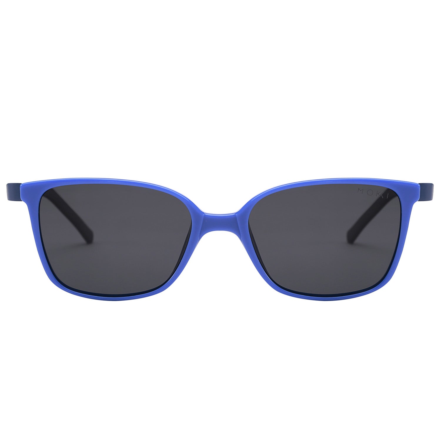 Children's sunglasses with blue frame and dark lenses.