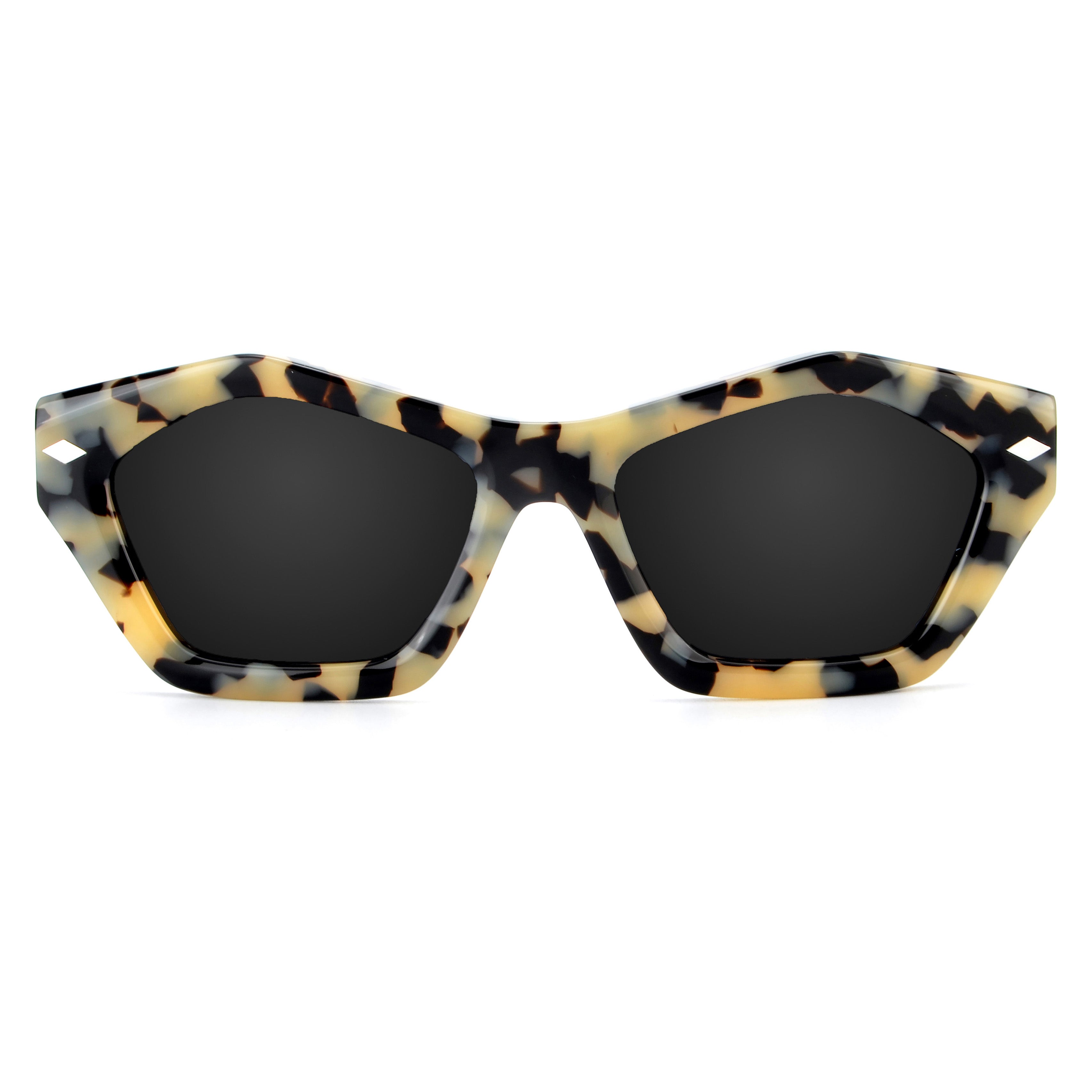 A pair of sunglasses with a patterned frame, likely acetate material, and dark lenses.