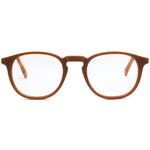 A pair of round full frame Mokki reading glasses with a brown color frame and clear lenses.