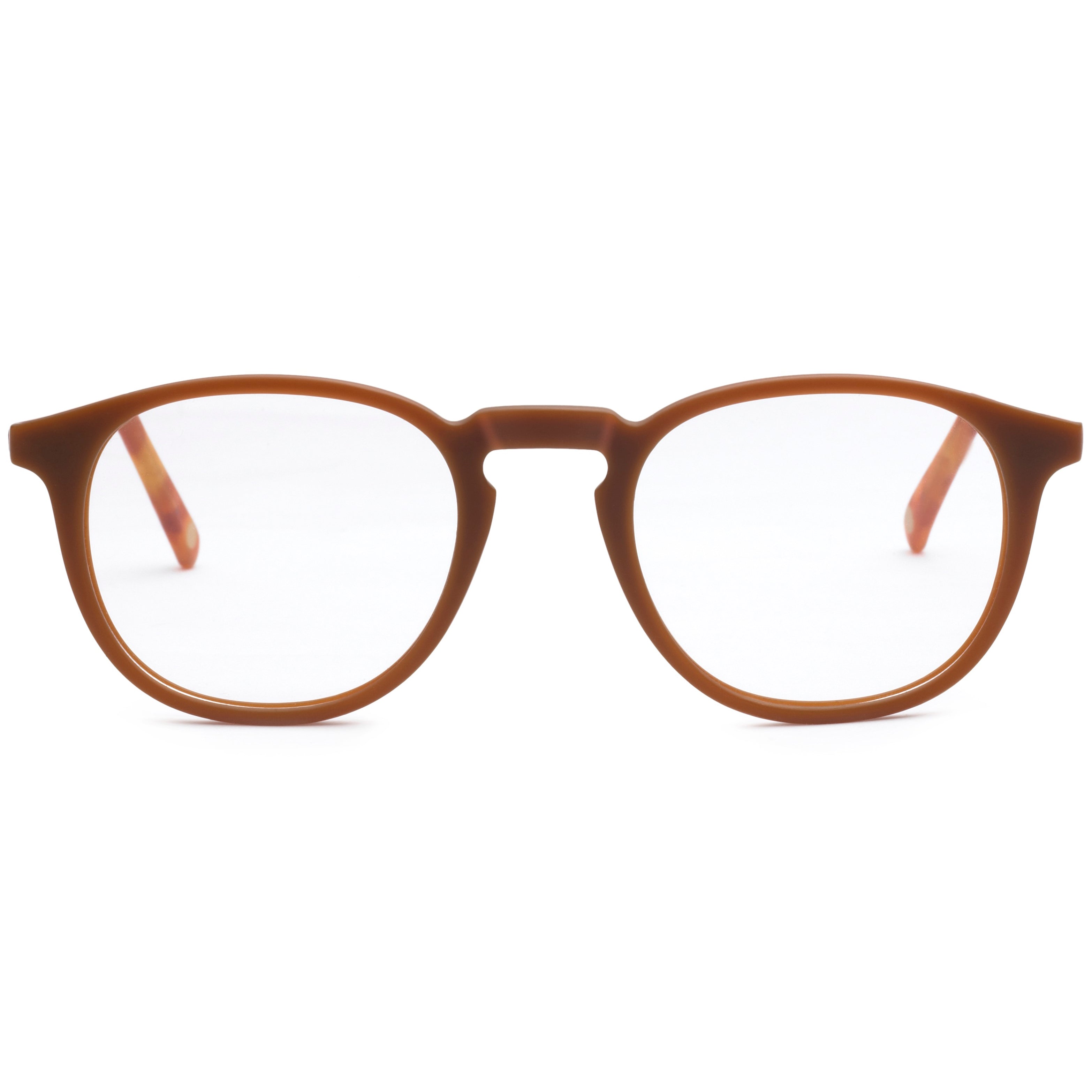 A pair of round full frame Mokki reading glasses with a brown color frame and clear lenses.