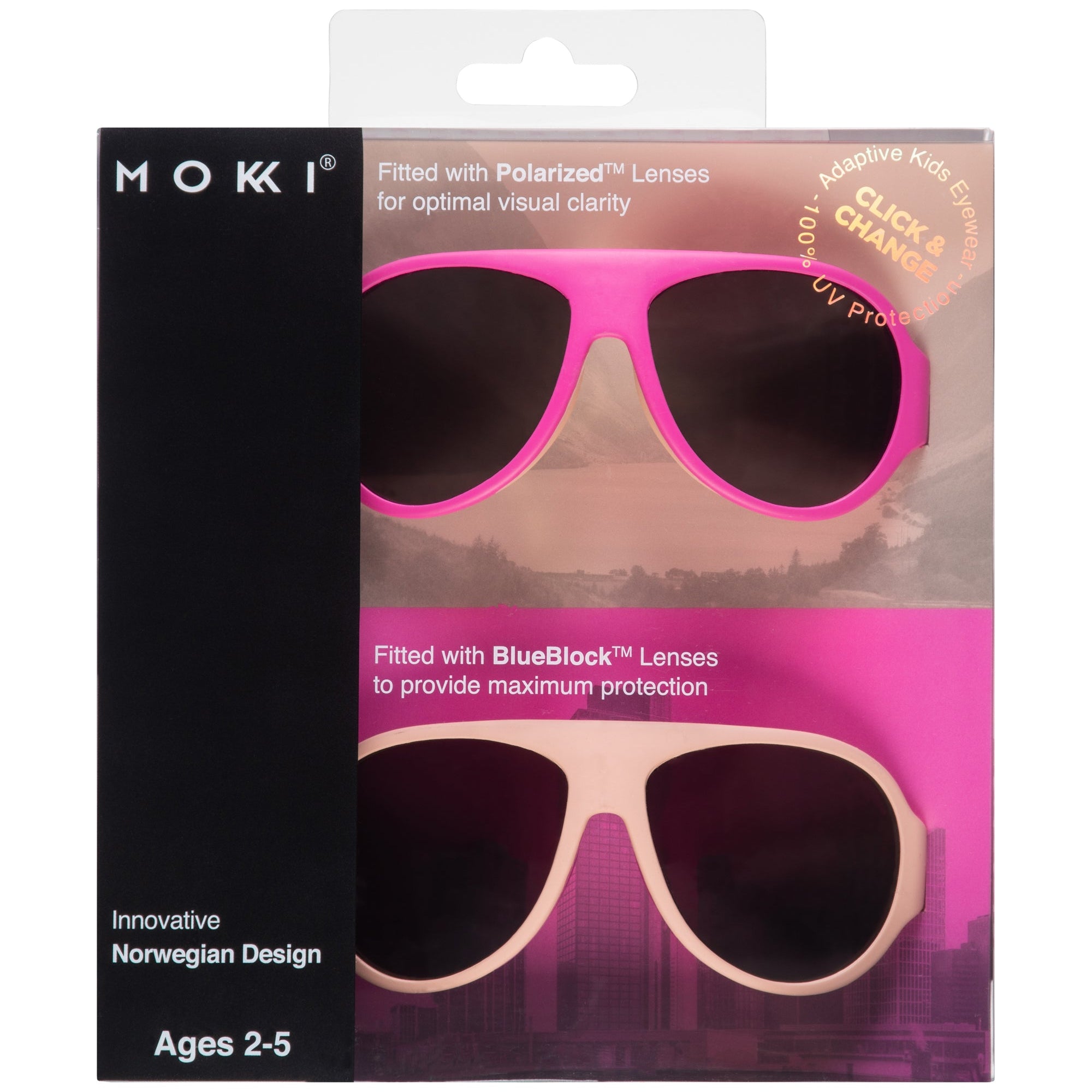 Mokki Click & Change-sunglasses for kids ages 2-5 in pink