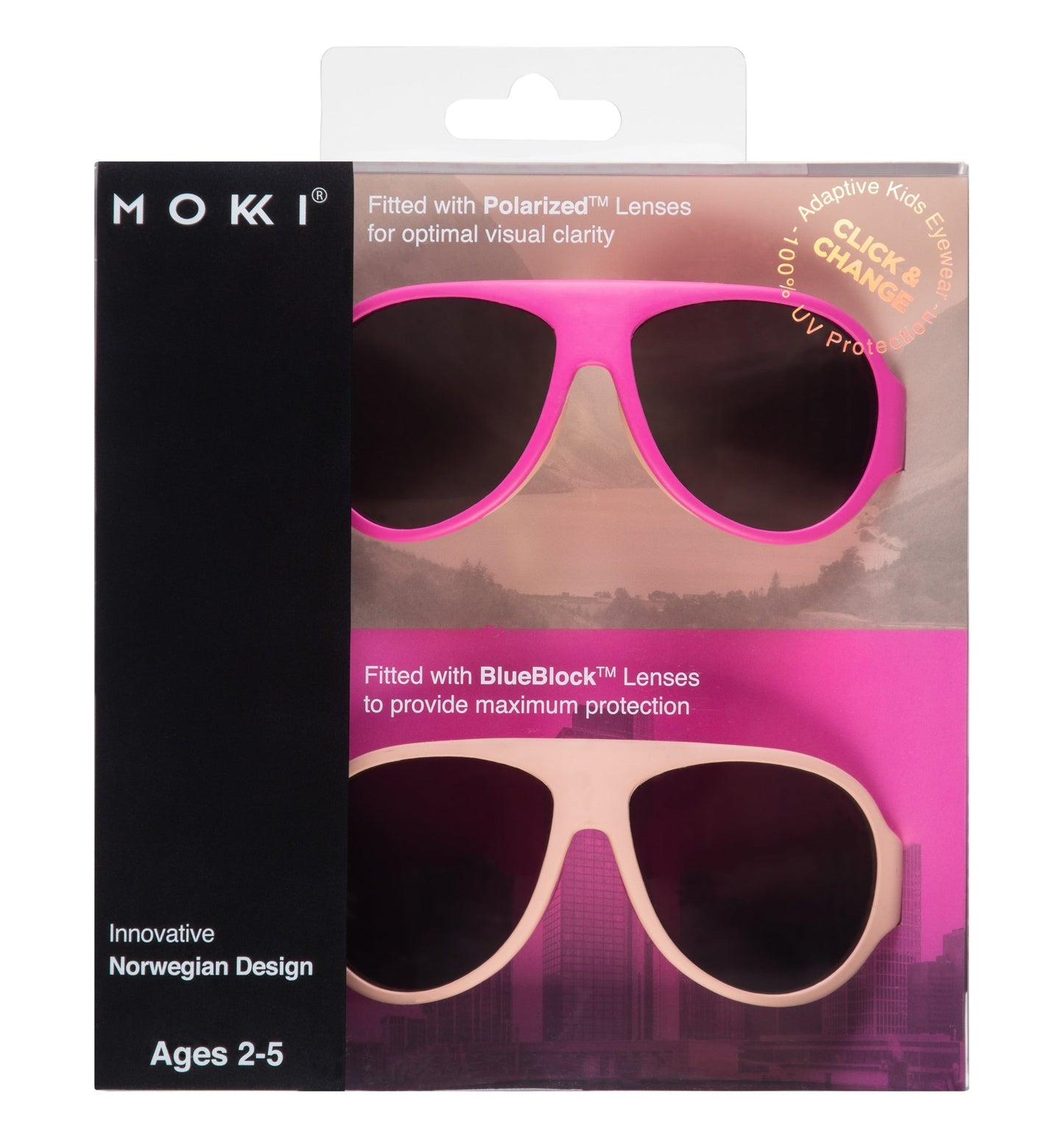 Mokki Click & Change-sunglasses for kids ages 2-5 in pink