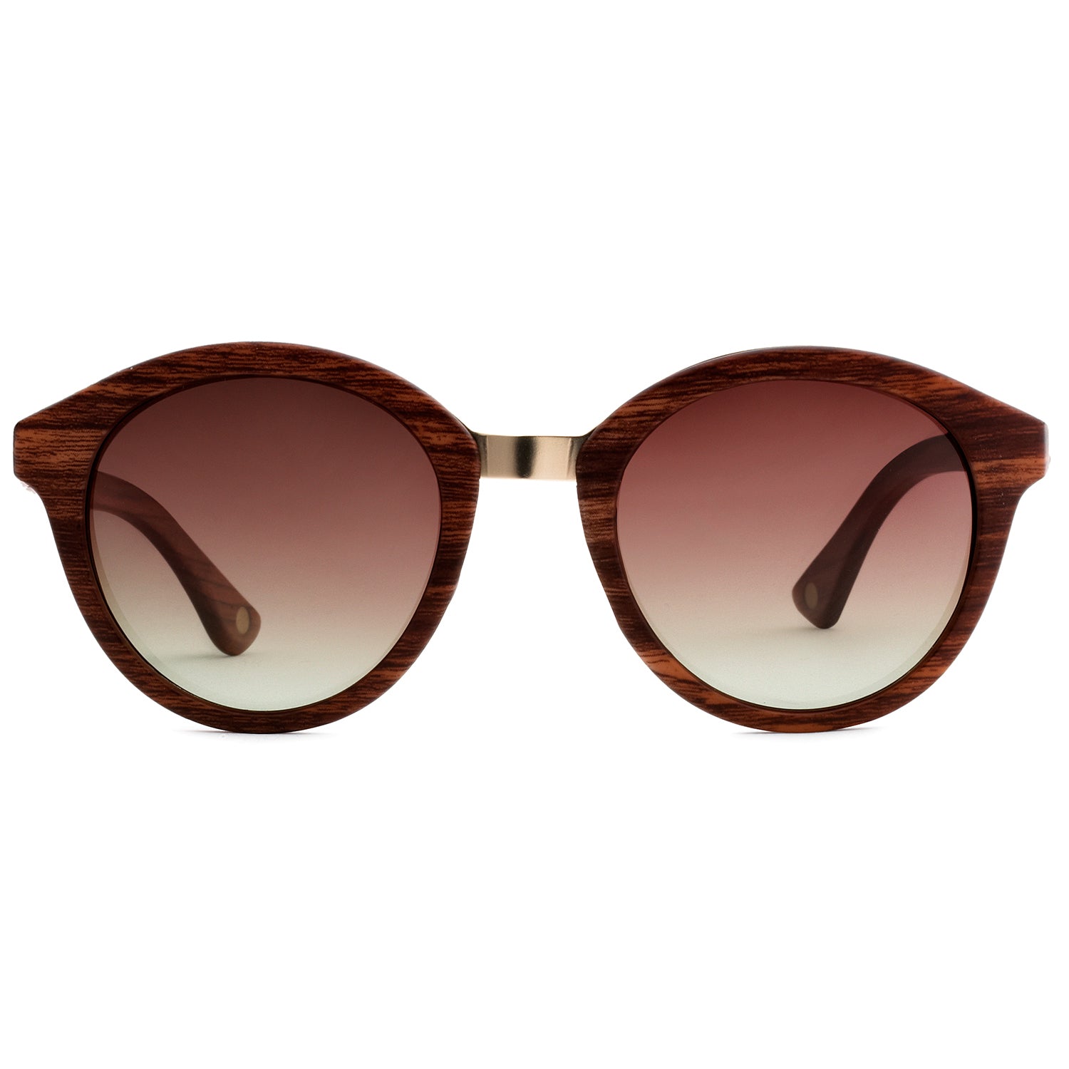 A pair of Scandinavian style sunglasses with real wood frame and tinted lenses.