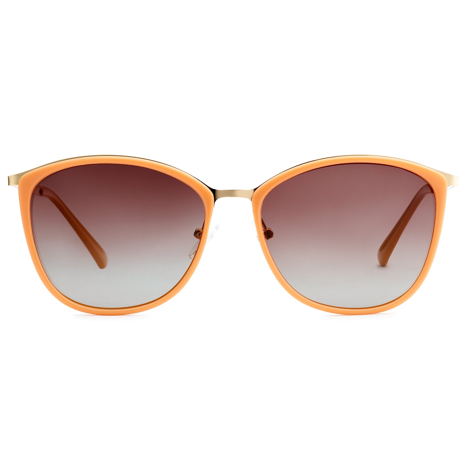 A pair of beige cat-eye sunglasses with a diamond face shape.