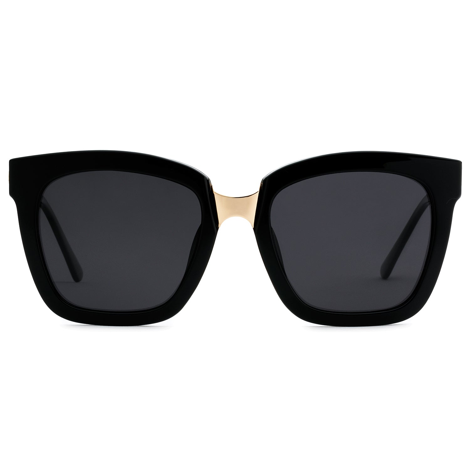 A pair of oversized black cat-eye sunglasses with gold accents on the arms.